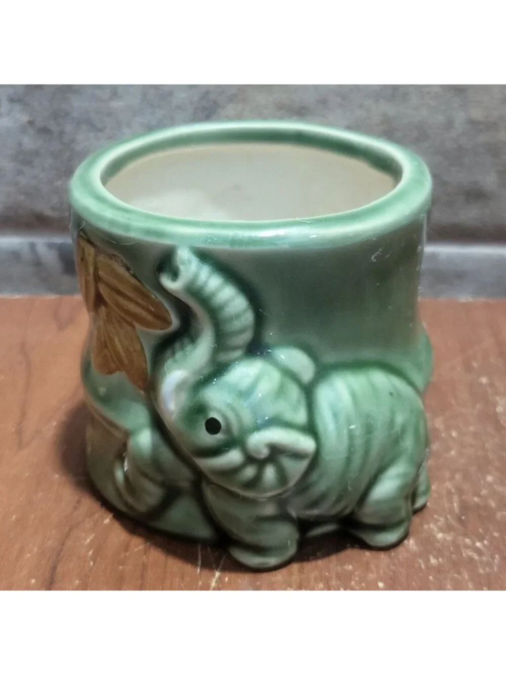 Vintage Majolica Green Ceramic Elephant Trunk Up Planter Pot Mid Century Decor